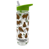 Water bottle with capybara print and green lid on a white background