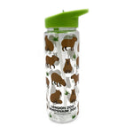 Water bottle with capybara print and green lid on a white background