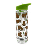 Water bottle with capybara print and green lid on a white background
