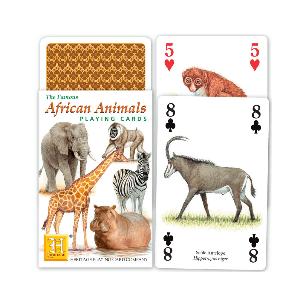 Playing cards featuring African animals with a box labeled 'African Animals Playing Cards'.