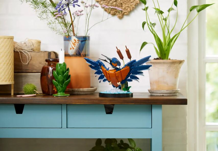 Lego Icons Kingfisher Playset placed on a shelf in the kitchen